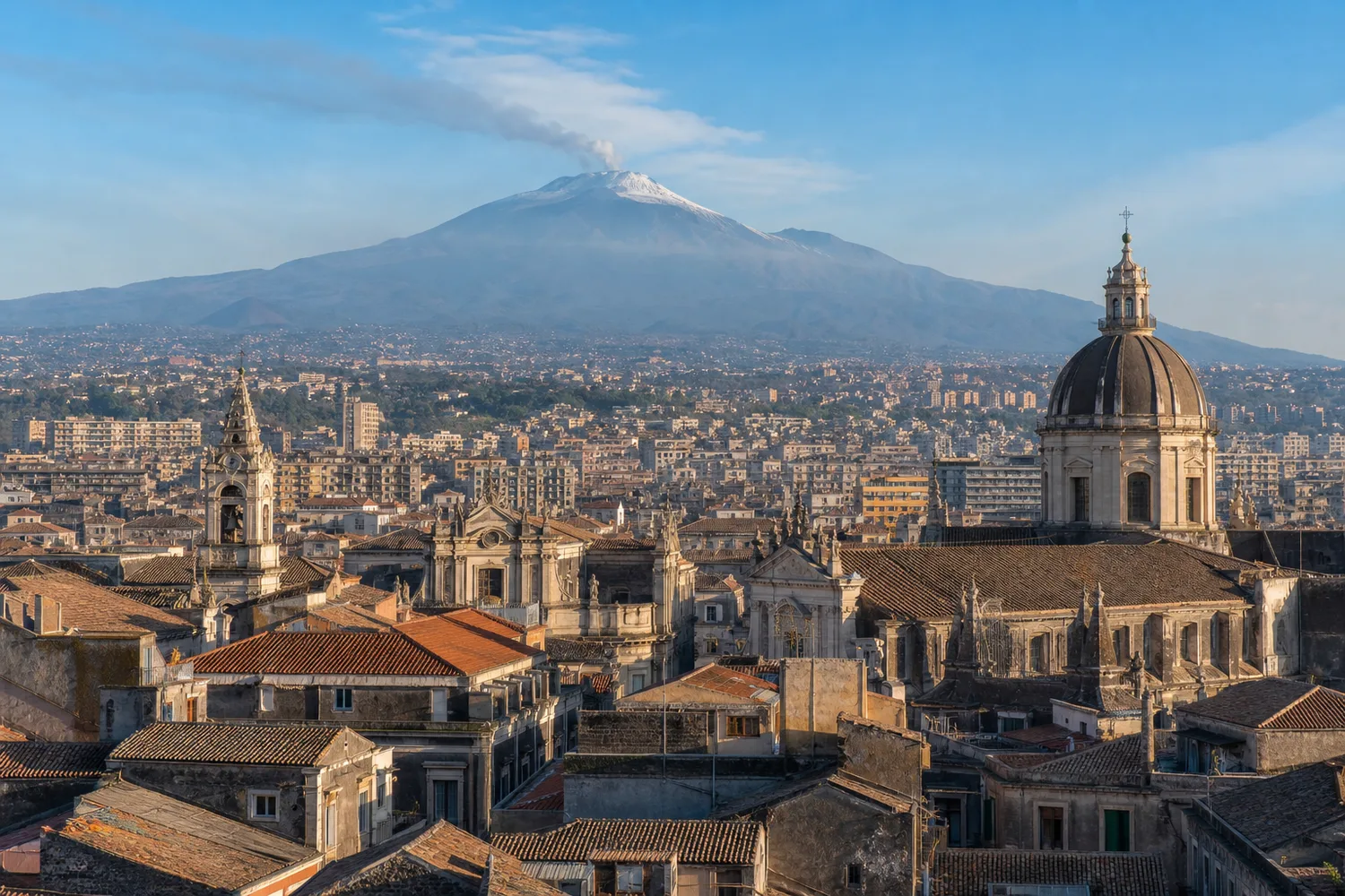 Tetti e cupole del centro storico di Catania con l'Etna sullo sfondo